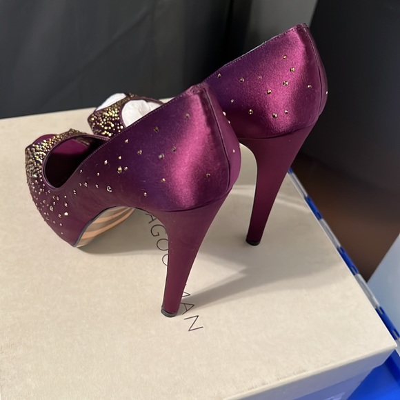 Georgina Goodman high heeled open toe satin plum sandal with gold rhinestones - Picture 6 of 8